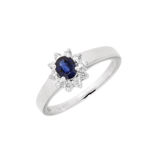 Hvitt gull rosett ring med diamanter totalt 0,15ct TW/SI og safir