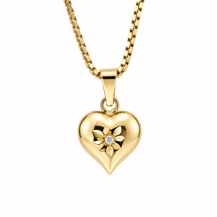 Gull hjerte 9mm med blomst og diamant 0,01ct