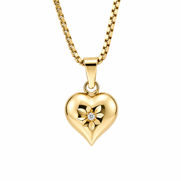 Gull hjerte 9mm med blomst og diamant 0,01ct
