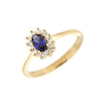 Gull ring oval rosett med Cubic Zirconia safirblå med blanke rundt