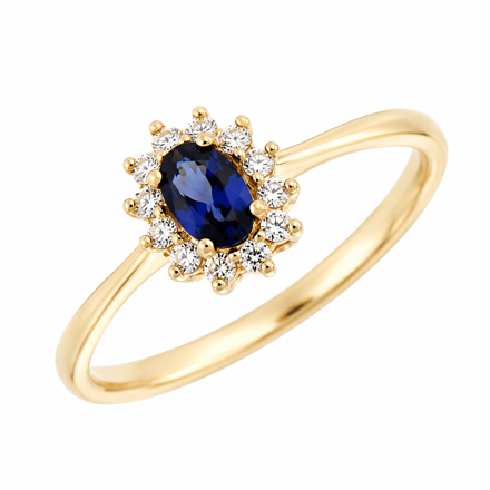 Gull ring oval rosett med Cubic Zirconia safirblå med blanke rundt