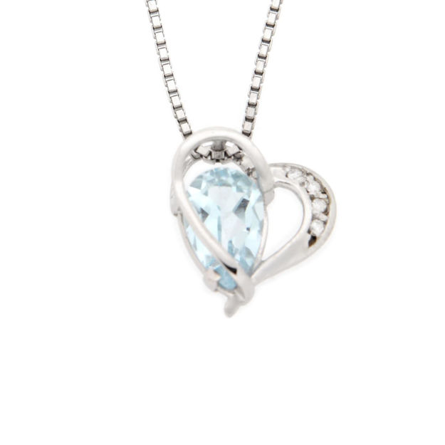 Hvitt gull hjerte med lysblå Cubic Zirconia og diamanter 0,024ct W/P1