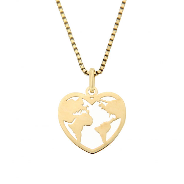 Gull halssmykke hjerte med verdenskart