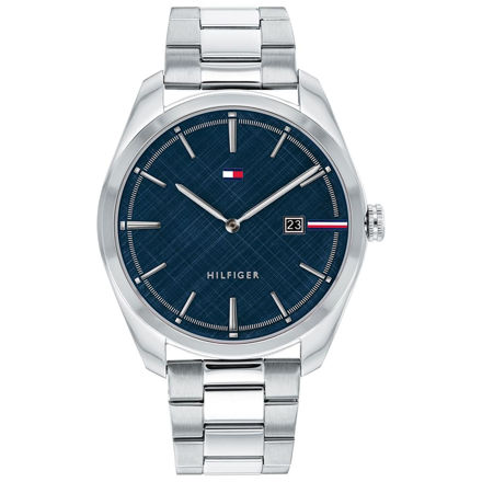 TOMMY HILFIGER,STÅL KASSE/LENKE,BLÅ SKIVE U/TALL,DATO,Ø:42MM,HERRE