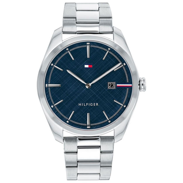 TOMMY HILFIGER,STÅL KASSE/LENKE,BLÅ SKIVE U/TALL,DATO,Ø:42MM,HERRE