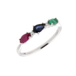 Hvitt gull ring med diamanter 2 x 0,01ct WP og rubin/smaragd/safir