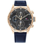 TOMMY HILFIGER,STÅL/ROSEFG KASE,GRÅ SKIVE M/3UR,SKINN BLÅ REIM,46MM,HERRE 