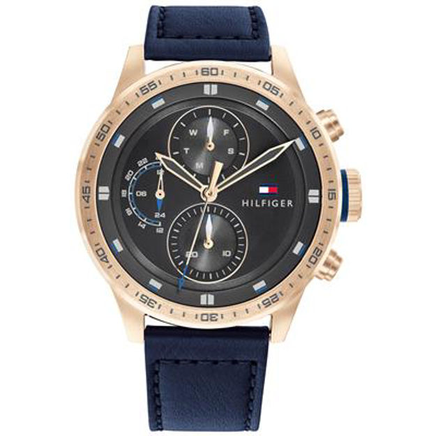 TOMMY HILFIGER,STÅL/ROSEFG KASE,GRÅ SKIVE M/3UR,SKINN BLÅ REIM,46MM,HERRE 