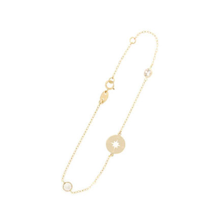 Gull armbånd 16+2cm med kompass og Cubic Zirconia