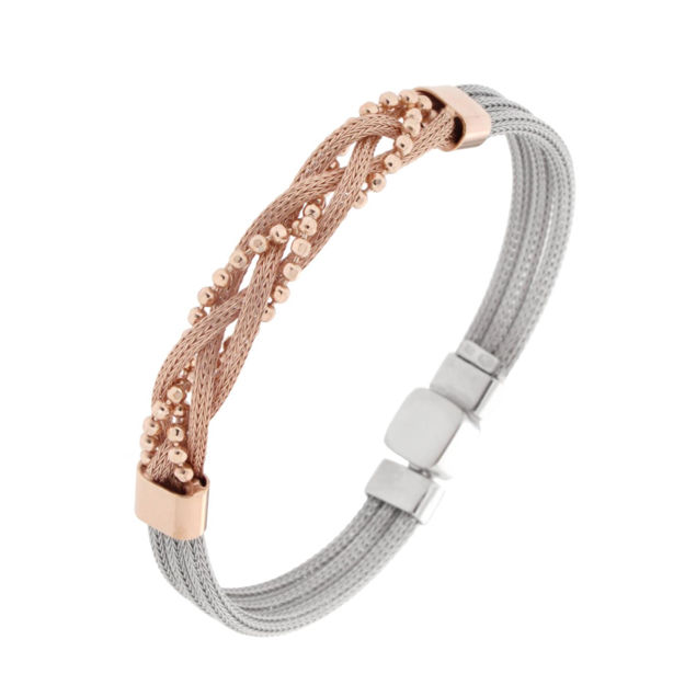 ARMLENKE SØLV RHOD/ROSÈ FLETTE M/KULEKJ