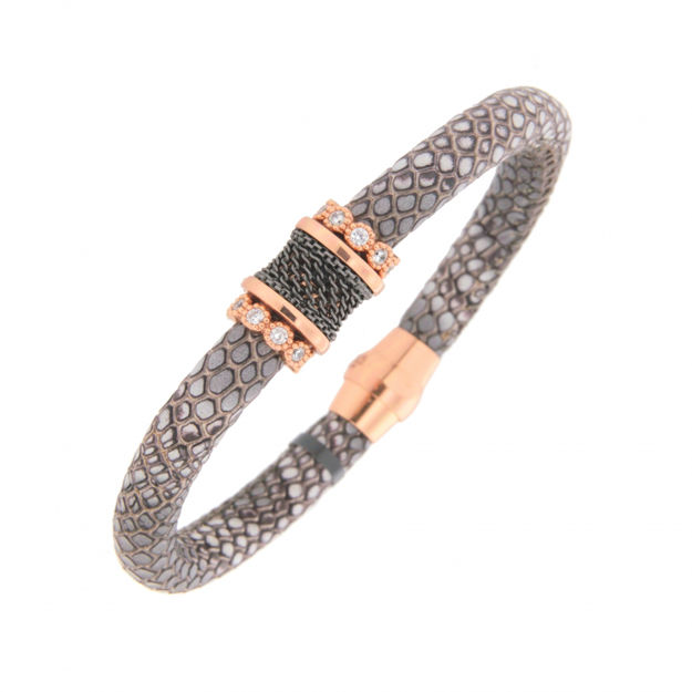 Armbånd sølv rosè grått skinn cubic zirconia 20cm