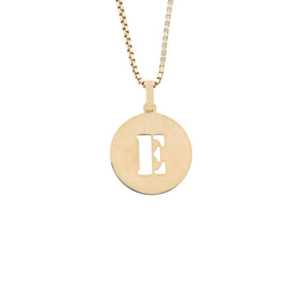 Gull smykke 15mm rund plate med bokstav E