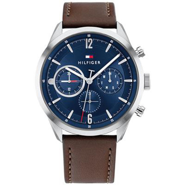 Tommy Hilfiger herreur Matthew 44mm med blå skive og brun skinnreim