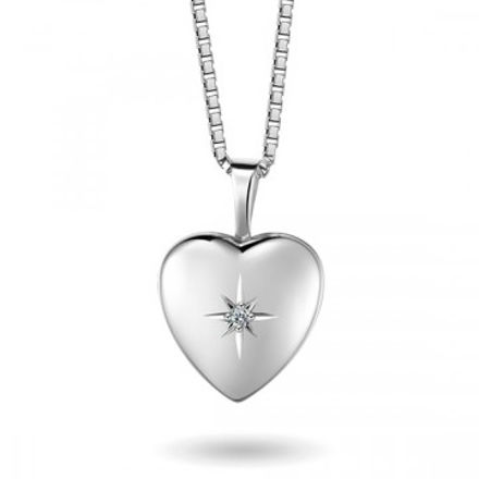 Sølv hjerte medaljong rhodinert med diamant 0,01ct W/P1 