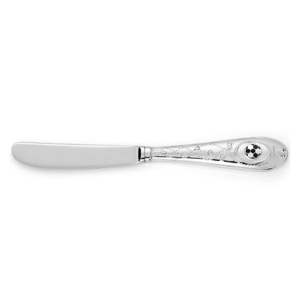 Stål barnekniv med sølvplate med svart/hvit emalje fotball