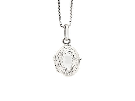 Sølv medaljong, oval 12x14mm med mønster rundt kanten