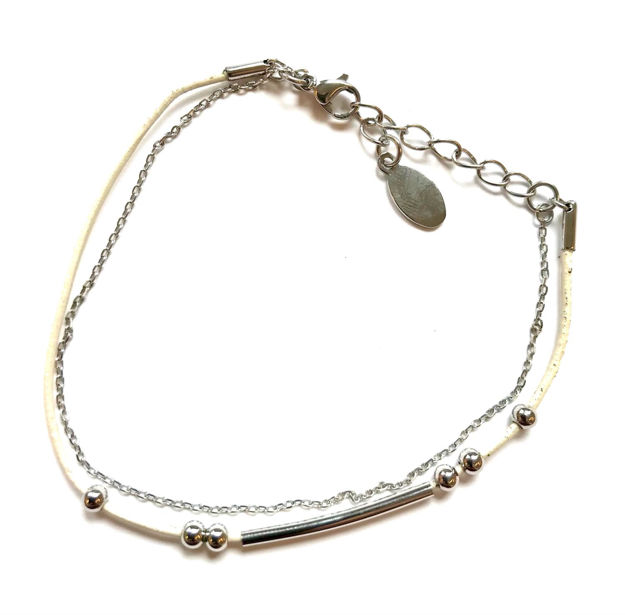 Stål armbånd, beige lær, 18+3cm