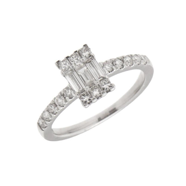 Hvitt gull rosettring med 19 diamanter totalt 0,51ct W/SI (0,30ct Princess cut)