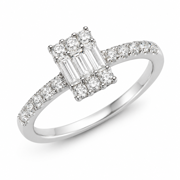 Hvitt gull rosettring med 19 diamanter totalt 0,51ct W/SI (0,30ct Princess cut)