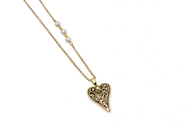 Hjerter smykke antikk gullfarget, hjerte med perler