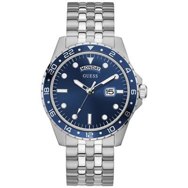 KLOKKE GUESS,HERRE,STÅL KASSE/LENKE,BLÅ SKIVE U/TALL,DATO,Ø:44MM
