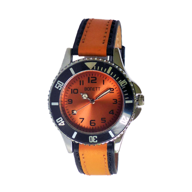 Bonett gutte klokke 3ATM 34mm med orange skive og svart/orange reim