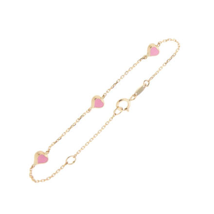 Gull armbånd med 3 rosa emalje-hjerter 12+2cm