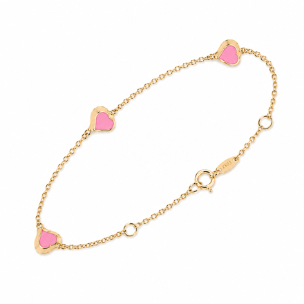 Gull armbånd med 3 rosa emalje-hjerter 12+2cm