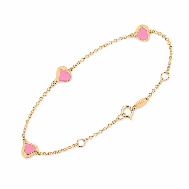 Gull armbånd med 3 rosa emalje-hjerter 12+2cm