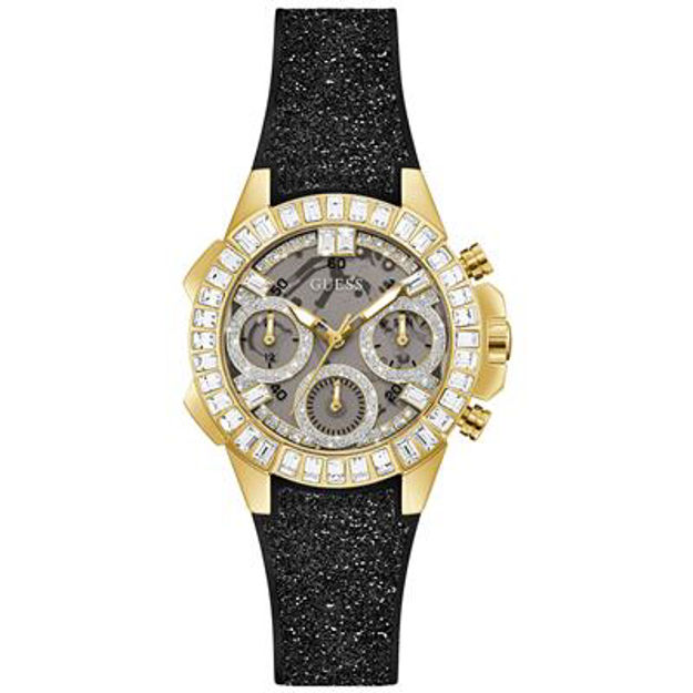 GUESS LADIES ACTIVE LIFE,FG KASSE M/STEINER RUND,SVART SILICONE REIM M/SVART GLITTER