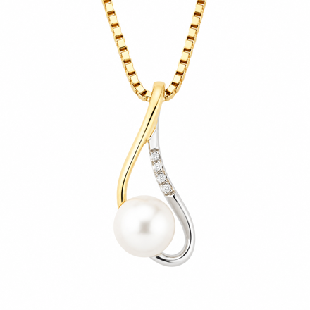 Gull halssmykke tofarget med diamant 0,02ct WSI og 7mm ferskvannsperle