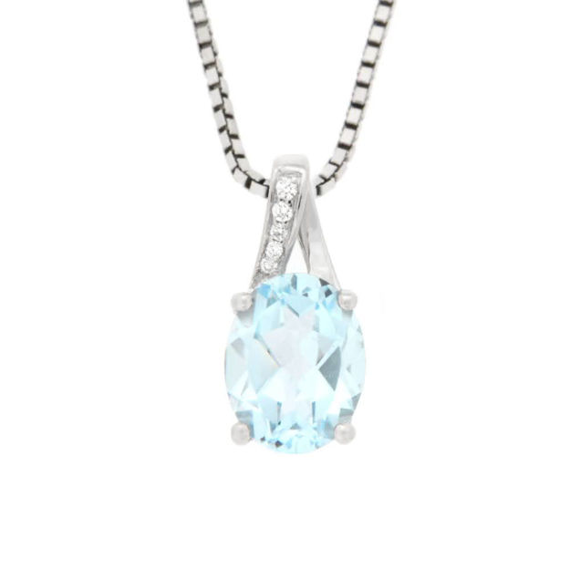 Hvitt gull halssmykke med blå topas 7x9mm og diamant 0,02ct W/SI
