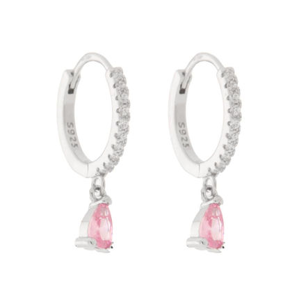 Sølv øreringer13mm med blanke zirconer og rosa dråpe