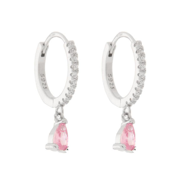 Sølv øreringer13mm med blanke zirconer og rosa dråpe