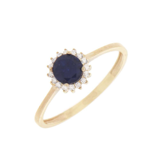 Gull ring rund rosett med blå/blanke Zirconer