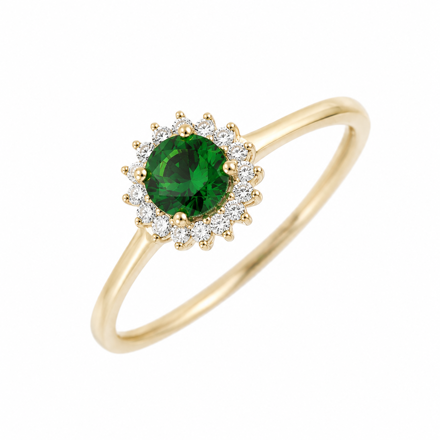 Gull ring rund rosett med grønn/blanke Zirconer