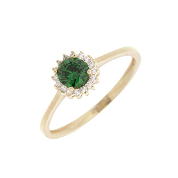 Gull ring rund rosett med grønn/blanke Zirconer