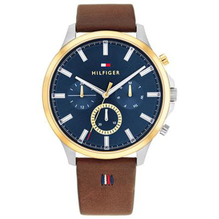 Tommy Hilfiger herreur 44mm blå skive og brun reim 