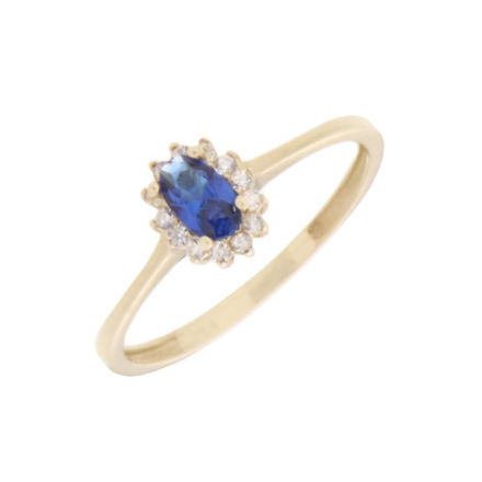 Gull ring oval rosett med blå/blanke Zirconer