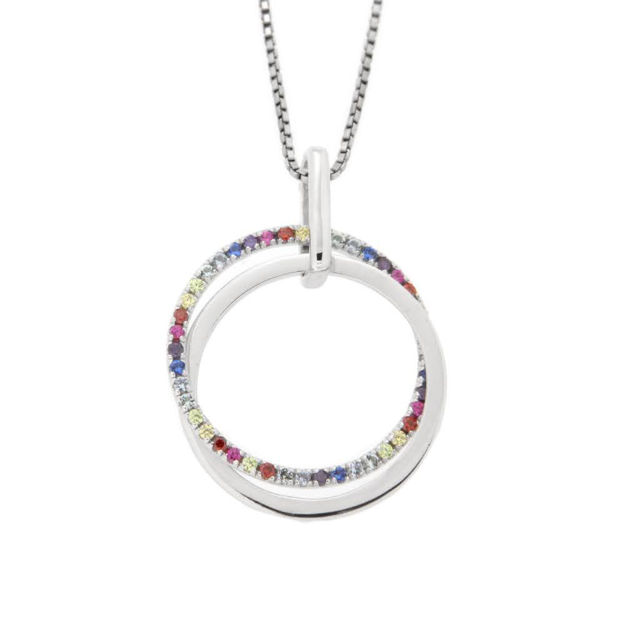 Rhodinert sølv halssmykke 2 sirkler 21mm, én med multi Cubic Zirconia