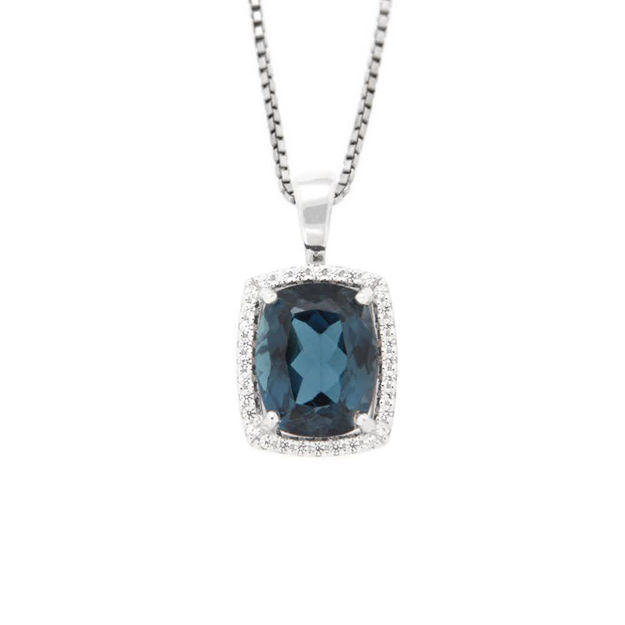 Rhodinert sølv halssmykke firkant-rosett ekte London blue topaz og Cubic Zirconia