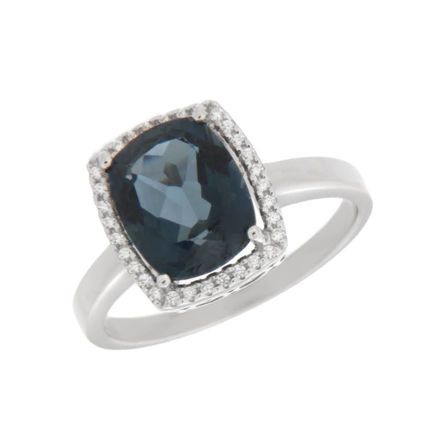 Rhodinert sølv ring firkant-rosett ekte London blue topaz og Cubic Zirconia