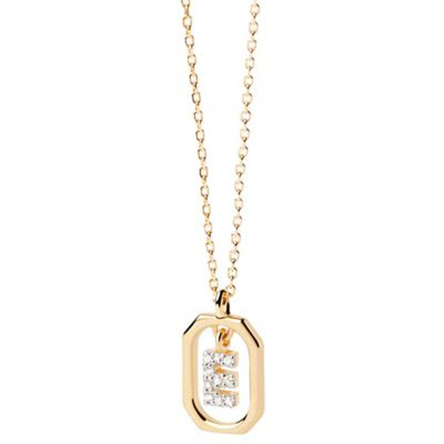 Mini letter E necklace gold plated white zirconia 40-50 cm