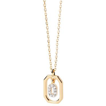 Mini letter O necklace gold plated white zirconia 40-50 cm