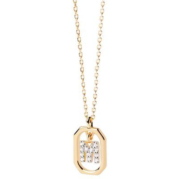 Mini letter M necklace gold plated white zirconia 40-50 cm