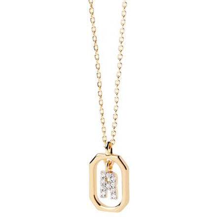 Mini letter R necklace gold plated white zirconia 40-50 cm