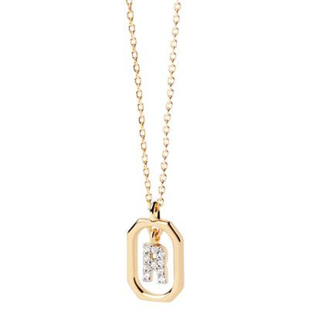 Mini letter R necklace gold plated white zirconia 40-50 cm
