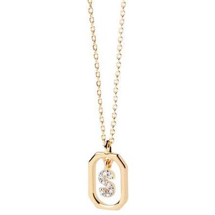 Mini letter S necklace gold plated white zirconia 40-50 cm