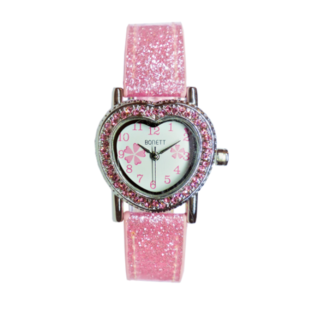 BONETT PIKEUR HJERTE/ROSA STENER,HVIT SKIVE/ROSA REIM GLITTER