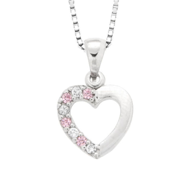 Rhodinert sølv hjerte med rosa+lavendel Cubic Zirconia